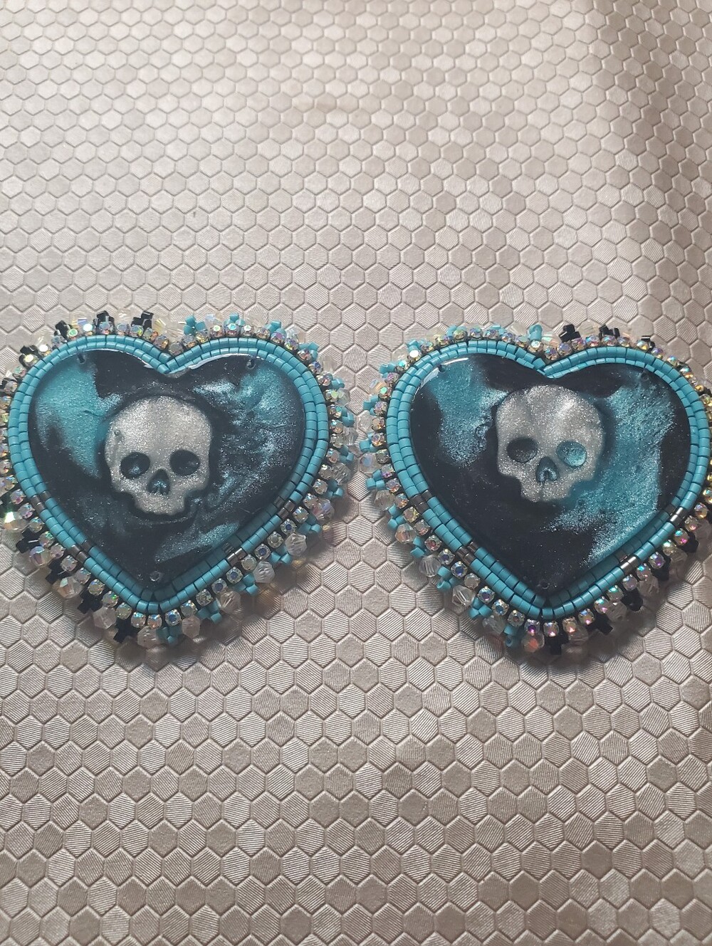 Handmade Beaded Blue And Black Heart Skull Earrings